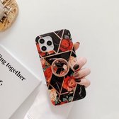 Galvaniserend stikpatroon Zachte TPU-beschermhoes met roségouden standaardringhouder voor iPhone 12/12 Pro (stiksels zwarte bloemen)