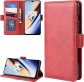 Voor OnePlus 7 Double Buckle Crazy Horse Zakelijke mobiele telefoonholster met kaarthouder Beugelfunctie (rood)