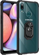 Voor Samsung Galaxy A10s schokbestendig transparant TPU + acryl beschermhoes met ringhouder (zwart)