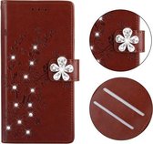 Voor Galaxy A20e Plum Blossom Pattern Diamond Encrusted Leather Case met houder & kaartsleuven & portemonnee (bruin)