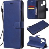 Voor Samsung Galaxy A21s effen kleur horizontale flip beschermende lederen tas met houder & kaartsleuven & portemonnee & fotolijst & lanyard (blauw)