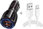 Qc3.0 Dual USB Car Charging + Type-C snellaadkabel Car Charging Kit (zwart)