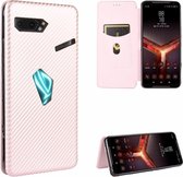 Voor Asus ROG Phone II Koolstofvezel Textuur Magnetische Horizontale Flip TPU + PC + PU lederen tas met kaartsleuf (roze)