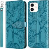 Life of Tree Embossing Pattern Horizontale flip lederen hoes met houder & kaartsleuf & portemonnee & fotolijst & lanyard voor iPhone 12 mini (meerblauw)