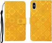 Etnische stijl reliëf patroon horizontale flip lederen tas met houder & kaartsleuven & portemonnee & lanyard voor iPhone XS / X (geel)