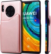 Voor Huawei Mate 30 Pro schokbestendig kalfsleer beschermhoes met houder en kaartsleuven en frame (rosÃ©goud)