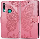 Butterfly Love Flowers reliÃ«f horizontaal flip lederen hoesje voor Huawei P Smart Z met houder & kaartsleuven & portemonnee & lanyard (roze)