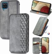Voor Samsung Galaxy A12 Cubic Grid Pressed Horizontal Flip Magnetic PU Leather Case met houder & kaartsleuven & portemonnee (grijs)