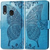 Voor Galaxy A20e Butterfly Love Flowers Embossing Horizontale Flip Leather Case met houder & kaartsleuven & portemonnee & Lanyard (blauw)