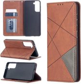 Voor Samsung Galaxy S21 5G Rhombus Texture Horizontale Flip Magnetische Leren Case met Houder & Kaartsleuven (Bruin)