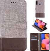 Voor Galaxy A20s MUMXA MX102 horizontale flip canvas stiksels lederen tas met houder & kaartsleuven & portemonnee (bruin)