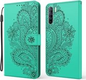 Voor OPPO Reno3 / A91 Pauw Reliëfpatroon Horizontale Flip Leren Case met Houder & Kaartsleuven & Portemonnee & Lanyard (Groen)