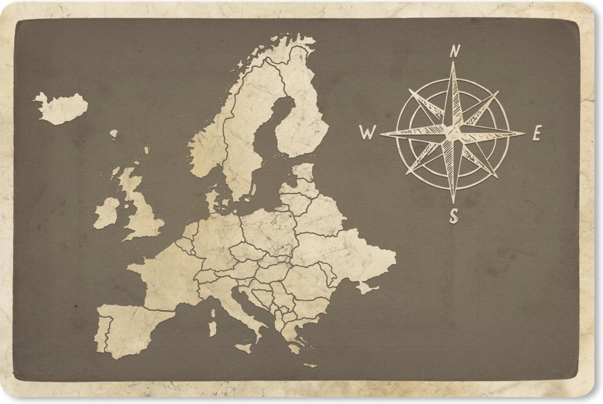Muismat - Mousepad - Kaart Europa - Vintage - Kompas - 27x18 cm