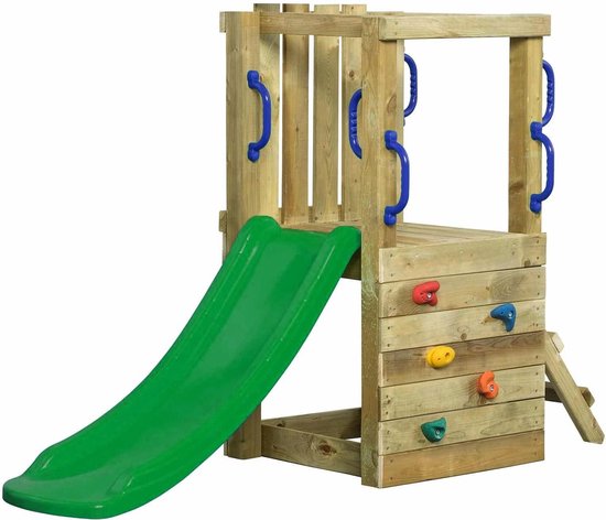 Houten speeltoestel met groene glijbaan, blauwe handvatten en kleurrijke klimstenen.