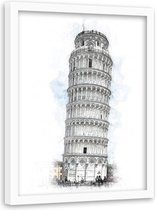 Foto in frame , Scheve toren van Pisa ,70x100cm , Wit grijs blauw , wanddecoratie
