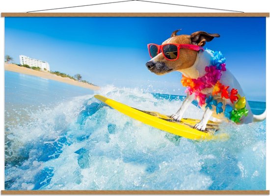 Schoolplaat – Hond surfend op Zee - 150x100cm Foto op Textielposter (Wanddecoratie op Schoolplaat)