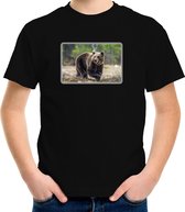 Dieren shirt met beren foto - zwart - voor kinderen - natuur / beer cadeau t-shirt L (146-152)