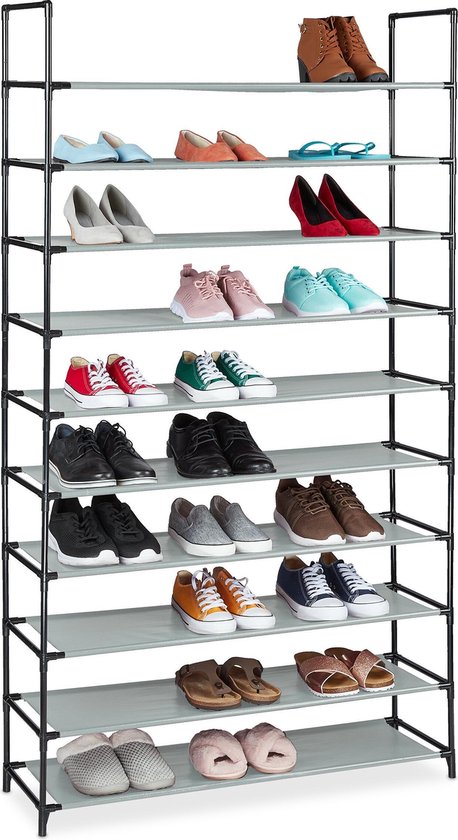 relaxdays étagère à chaussures XXL - étagère de rangement en tissu - meuble à chaussures 10 étages - étagère en tissu haute gris