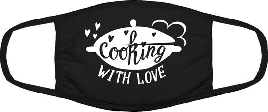 Cooking with love mondkapje | restaurant | kok | koken | keuken | grappig | gezichtsmasker | bescherming | bedrukt | logo | Zwart mondmasker van katoen, uitwasbaar & herbruikbaar. Geschikt voor OV