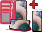 Samsung A12 Hoesje Book Case Met Screenprotector - Samsung Galaxy A12 Hoesje Wallet Case Portemonnee Hoes Cover - Donker Roze
