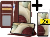 Samsung A12 Hoesje Book Case Met 2x Screenprotector - Samsung Galaxy A12 Case Wallet Cover - Samsung A12 Hoesje Met 2x Screenprotector - Bruin