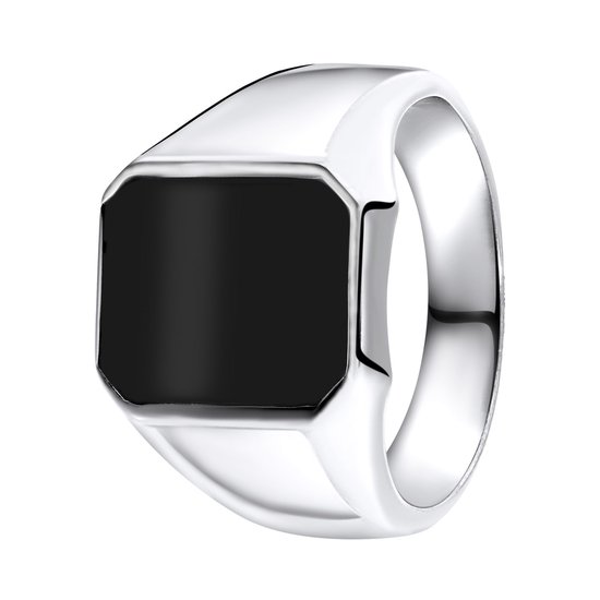 Lucardi Heren Zilveren zegelring zwarte steen - Ring - 925 Zilver - Zilverkleurig - 21 / 66 mm