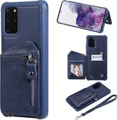 Voor Galaxy S20 + rits schokbestendige beschermhoes met dubbele gesp met standaard en fotohouder en portemonnee functie (blauw)