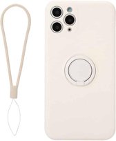 Voor iPhone 11 effen kleur vloeibare siliconen schokbestendige volledige dekking beschermhoes met ringhouder en lanyard (beige)