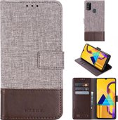 Voor Galaxy A30s MUMXA MX102 horizontale flip canvas stiksels lederen tas met houder & kaartsleuven & portemonnee (bruin)