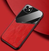 Voor iPhone 11 Pro Max All-inclusive leer + telefoonhoes van organisch glas met metalen ijzeren plaat (rood)