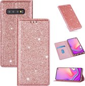 Voor Samsung Galaxy S10 ultradunne glitter magnetische horizontale flip lederen tas met houder en kaartsleuven (rose goud)