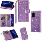 Voor Samsung Galaxy S20 Ultra Multi-card slots Sterrenhemel Laser Carving Glitter Rits Horizontale Flip lederen tas met houder & portemonnee & lanyard (paars)