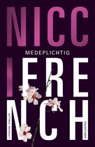 Boekomslag van 'Medeplichtig' met grote roze letters 'NICCIERE NCH' op een paarse achtergrond. Een tak met witte bloesems hangt over de letters.