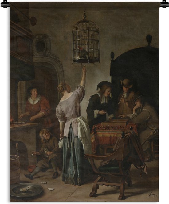 Tapisserie Jan Steen - La cage aux perroquets - Peinture de Jan Steen Tapisserie en coton 90x120 cm - Tapisserie avec photo