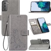 Vierbladige gesp reliëf gesp Mobiele telefoon bescherming lederen tas met lanyard & kaartsleuf & portemonnee & beugel functie voor Samsung Galaxy S30 (grijs)