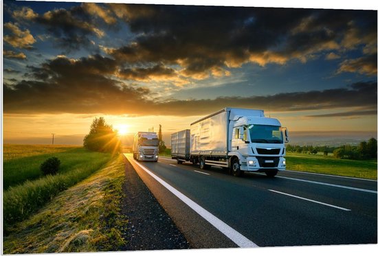 Forex - Witte Vrachtwagens op Weg - 120x80cm Foto op Forex