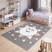 Tapiso Pinky Vloerkleed Speelkleed Woonkamer Slaapkamer Kinderkamer Babykamer Grijs Zon Design Interieur Duurzaam Hoogwaardig Kindertapijt Maat - 140 x 200 cm