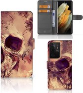 Wallet Book Case Geschikt voor Samsung Galaxy S21 Ultra Smartphone Hoesje Skullhead