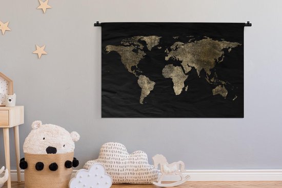 Tapisserie Cartes du mondeIllustrations de Noël - Carte du monde doré avec motif texturé sur fond noir Tapisserie coton 120x80 cm - Tapisserie avec photo