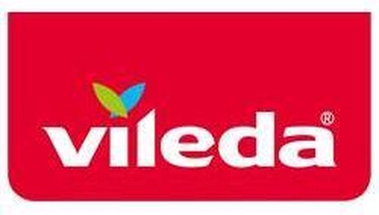 Het rode Vileda logo met een groen en blauw blad.
