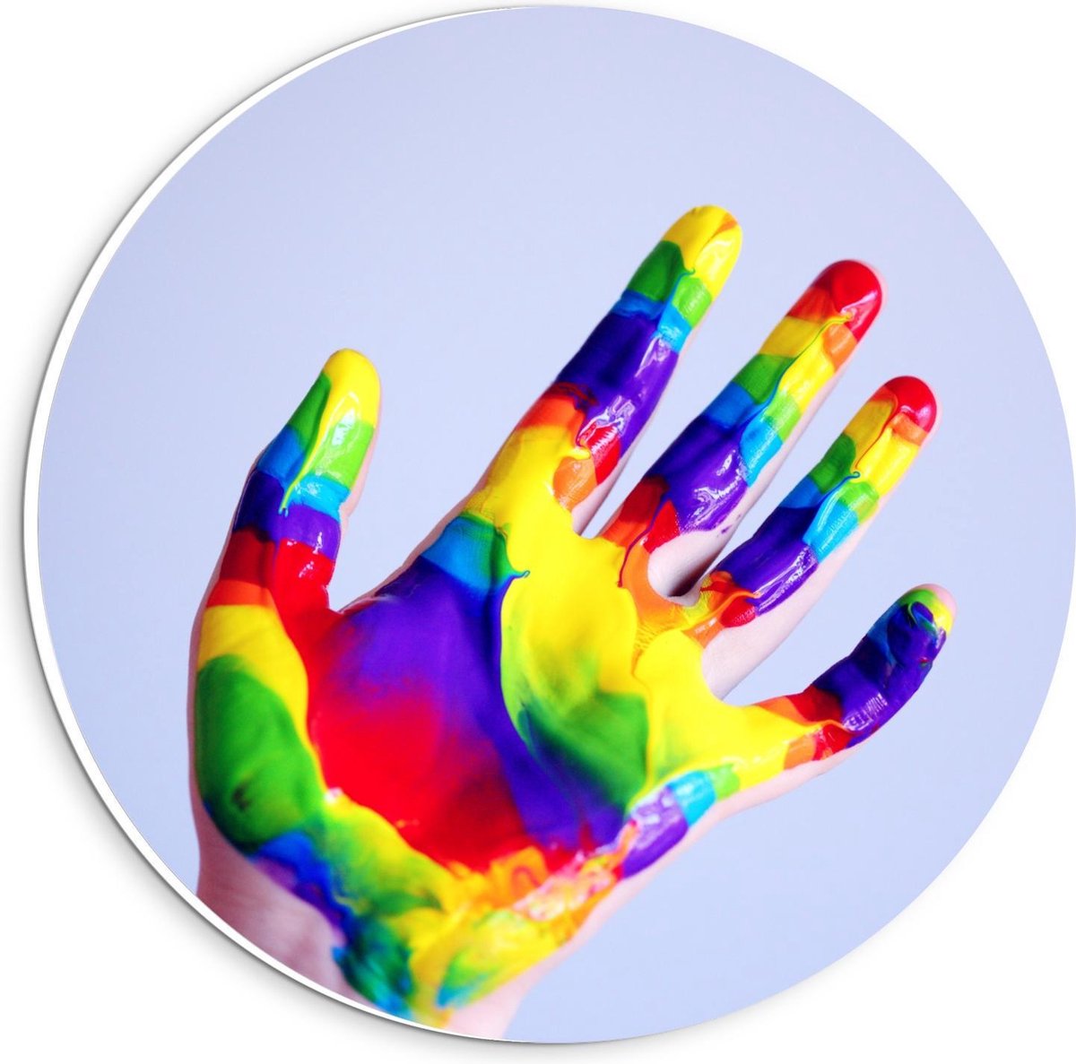Forex Wandcirkel - Hand met Gekleurde Verf - 20x20cm Foto op Wandcirkel (met ophangsysteem)