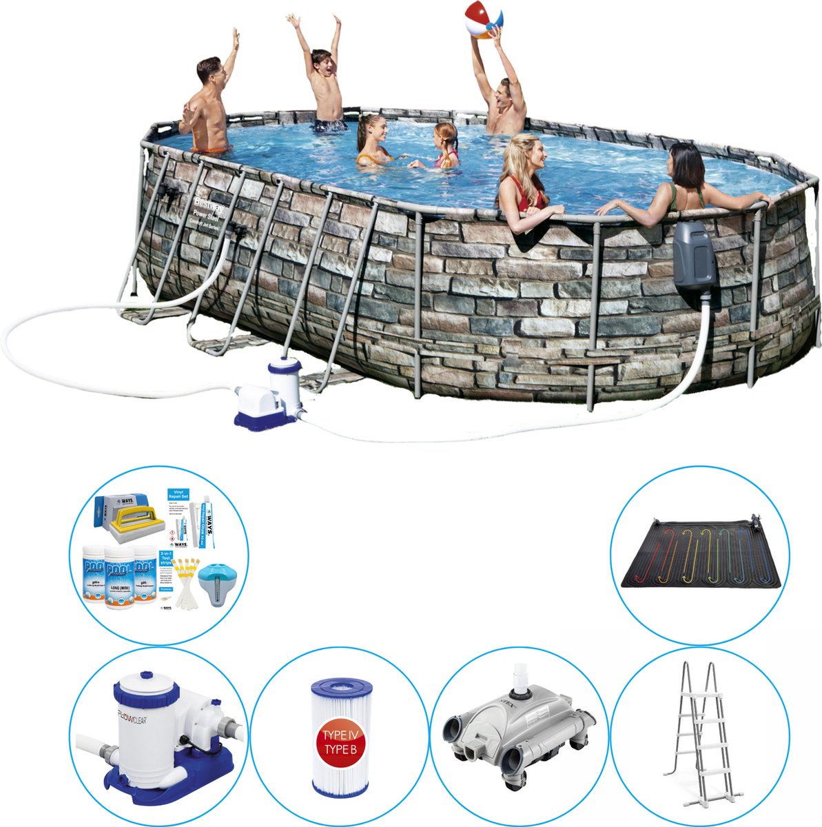Power Steel Ovaal STONE SPA JETS 610x366x122 cm - Zwembad Bundel