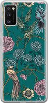Samsung Galaxy A41 siliconen hoesje - Vogels Japanse bloemen - Soft Case Telefoonhoesje - Blauw - Bloemen