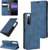 Voor Sony Xperia 10 II Retro-skin Business Magnetische Suction Leather Case met houder & kaartsleuven & portemonnee (donkerblauw)