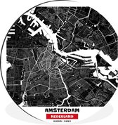 Wandcirkel - Muurcirkel - Stadskaart - Amsterdam - Zwart - Wit - Aluminium - Dibond - ⌀ 30 cm - Binnen en Buiten - Plattegrond