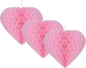 3x stuks lichtroze decoratie honeycomb hart 15 cm - Brandvertragende feestartikelen/versieringen roze - Bruiloft thema