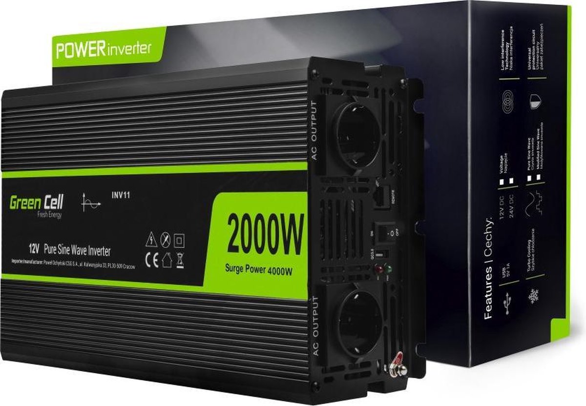 4000W (Bruikbaar vermogen continu 2000W) DC 12V naar AC 230V met USB Stroom Inverter Converter - Pure/Full Sine Wave - GREEN CELL