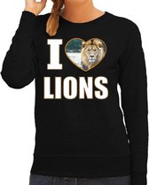I love lions trui met dieren foto van een leeuw zwart voor dames - cadeau sweater leeuwen liefhebber M