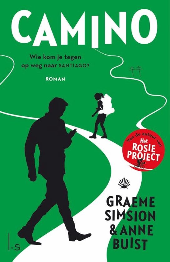 Boekomslag van "Camino", een roman, met silhouetten van twee wandelaars op een groene achtergrond. Tekst: "CAMINO" en "Wie kom je tegen op weg naar Santiago?".
