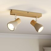 Lindby - LED plafondlamp - 2 lichts - beton, hout, metaal - H: 12.3 cm - E14 - betongrijs, licht hout, gesatineerd nikkel - A+ - Inclusief lichtbronnen